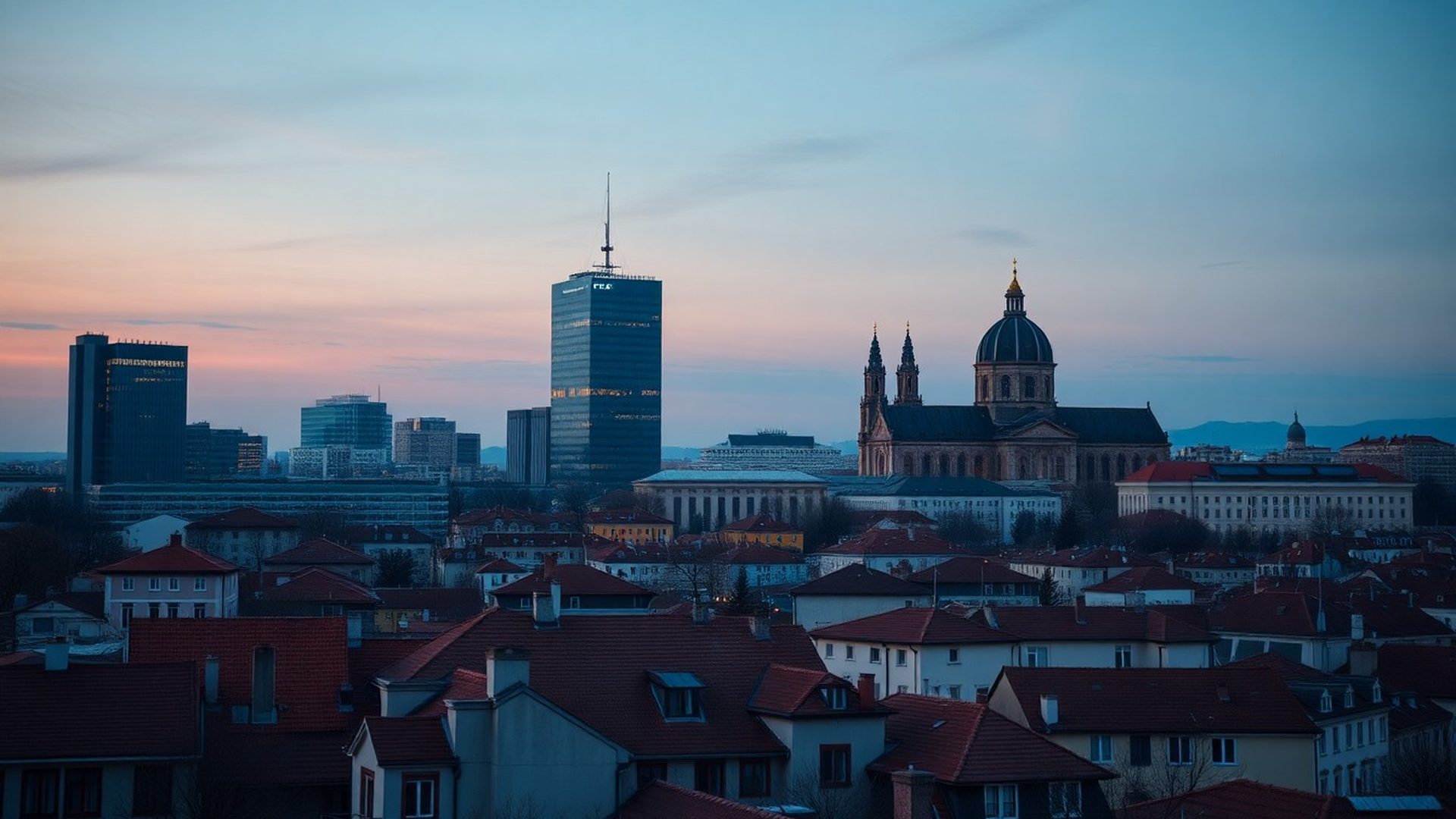 Panorama Zagreba u sumrak s modernim uredskim zgradama